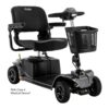 A black Revo 2.0 4-wheel mobility scooter from Pride, featuring a padded seat, armrests, handlebar, and front basket, classified as an FDA Class II Medical Device.