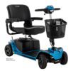 A blue Revo 2.0 4 wheel mobility scooter with a black leather seat, armrests, and a basket on the handlebars. Featuring the model name Pride on the seat, it is an FDA Class II Medical Device.