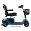 Side view of the Revo 2.0 4 wheel mobility scooter in blue, featuring a black seat, basket, and handlebars. This scooter offers four wheels and an adjustable seat for improved mobility assistance.