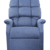 The Golden Technologies®️ Cambridge PR 401 is a plush, blue recliner featuring a tufted backrest and cushioned armrests, offering a comfortable and cozy design. Its soft fabric invites relaxation and leisure.