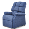 The Golden Technologies®️ Cambridge PR 401 is a blue recliner chair featuring a padded backrest and cushioned armrests for comfort. It boasts plush, tufted upholstery with a minimalist design.