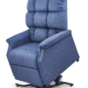 The Golden Technologies®️ Cambridge PR 401 is a blue plush recliner featuring a tufted backrest and broad armrests, partially elevated by a metal base for added comfort and support.