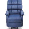 Golden Technologies®️ Cambridge PR 401 reclining chair in blue features a plush, tufted backrest and cushioned arms, set against a white background.