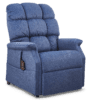 The Golden Technologies®️ Cambridge PR 401 is a plush blue recliner featuring a stitched, padded design and an attached wired remote, offering comfortable electronic adjustability.
