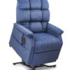 The Golden Technologies®️ Cambridge PR 401 is a blue recliner featuring a plush, tufted backrest, cushioned armrests, and a side pocket for storing the remote control. It rests on a black metal base designed to lift and tilt forward.