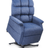 The Golden Technologies®️ Cambridge PR 401, a plush blue recliner with a high backrest and padded arms, features a mechanical lift base to assist users in standing up easily.