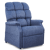 The Golden Technologies®️ Cambridge PR 401 is a plush blue recliner chair with tufted cushions and padded armrests, isolated on a white background. Its design suggests comfort and relaxation.