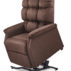 The Golden Technologies®️ Cambridge PR 401 is a brown reclining lift chair with a plush tufted backrest and padded armrests, shown elevated to highlight its motorized lift mechanism for ease of use and comfort.