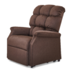 The Golden Technologies®️ Cambridge PR 401 plush brown recliner, featuring a thick cushioned backrest and armrests upholstered in soft fabric, offers exceptional comfort and support, all showcased on a clean, white background.