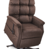 The Golden Technologies®️ Cambridge PR 401 is a cushioned, brown recliner with a textured finish, featuring a side-attached remote for position adjustment, high backrest, armrests, and a dark metallic base.