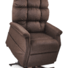 The Golden Technologies®️ Cambridge PR 401 is a plush brown recliner chair with a high backrest. It features thick, padded cushions and armrests and is set at an angle on a metal base.
