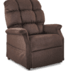 The Golden Technologies®️ Cambridge PR 401 is a plush brown reclining chair featuring a padded backrest, armrests, and seat. Set against a white background, its soft fabric invites relaxation and comfort.