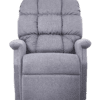 The Golden Technologies®️ Cambridge PR 401 is a plush gray recliner with a high cushioned backrest, padded armrests, and a folding footrest, designed for ultimate comfort and relaxation.