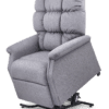 The Golden Technologies®️ Cambridge PR 401 is a gray reclining chair featuring a tufted backrest and armrests, with a lift mechanism to aid in standing up.