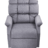 The Golden Technologies®️ Cambridge PR 401 is a plush gray recliner with padded backrest and armrests, pictured on a plain white background. It stands upright and includes a base lifting mechanism.