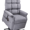 The Golden Technologies®️ Cambridge PR 401 is a plush gray reclining chair featuring a padded backrest and armrests. It includes a built-in side remote control for comfort adjustments, shown extended to demonstrate its lift and recline functions.