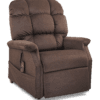 The Golden Technologies®️ Cambridge PR 401 is a plush brown recliner with cushioned backrest and armrests, featuring a side-attached remote for reclining adjustments.