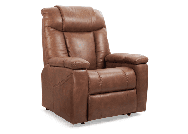 A brown leather recliner with plush cushions and a high backrest, designed for comfort. It features wide armrests and a pocket on the side.