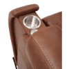 Close-up of the Golden Technologies®️ Titan PR 448s brown leather armrest with visible stitching, stainless steel cup holder, and recline button.