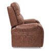 Side view of the Golden Technologies®️ Titan PR 448, a brown leather recliner featuring plush padding, armrests, and a convenient side storage pocket.