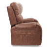 Side view of the Golden Technologies®️ Titan PR 448, a brown leather recliner with plush cushions and a side pocket, set against a white background.