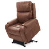 The Golden Technologies®️ Titan PR 448 is a brown leather recliner chair featuring a high backrest and padded armrests, partially reclined on a black metal base.