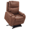 The Golden Technologies®️ Titan PR 448 is a brown leather recliner chair with cushioned armrests, a high backrest, and a base lifting mechanism.