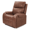 The Golden Technologies®️ Titan PR 448 is a brown leather recliner chair featuring plush padding and a side pocket. It boasts a high backrest and comfortable armrests, perfect for relaxation, set against a white background.