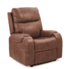 The Golden Technologies®️ Titan PR 448 is a brown leather recliner with cushioned armrests, a right-side pocket, and a plush padded back, set against a white background.