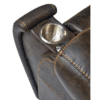 Close-up of the Golden Technologies®️ Titan PR 448 theater seat, crafted in brown leather with orange stitching. The armrest includes a built-in stainless steel cup holder.