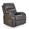 The Golden Technologies®️ Titan PR 448 is a dark brown leather recliner with visible seam detailing, a side pocket, and cushioned armrests and backrest, positioned at an angle to show off its features.
