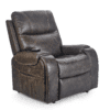 A Golden Technologies®️ Titan PR 448 brown leather recliner, featuring padded armrests and a side pocket, is shown against a white background. A black remote control rests on one of the armrests.