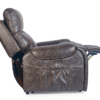 Side view of the Golden Technologies®️ Titan PR 448, a brown leather recliner in full recline, featuring a cushioned back, armrests, and a side pocket.