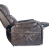Side view of the Golden Technologies®️ Titan PR 448 brown leather recliner chair, fully reclined with extended footrest, showcasing its cushioned design, side pocket, and visible stitching.