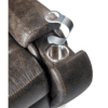 Close-up of the Golden Technologies®️ Titan PR 448, a brown leather recliner chair with a metal cup holder and built-in bottle opener on the armrest. The leathers stitching and texture exude a rich, luxurious feel.