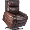 The Golden Technologies®️ Titan PR 448 recliner is a brown leather chair with plush cushions, detailed stitching, and a side pocket. Its angled positioning on a transparent background highlights its sleek design and mechanical base.