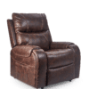 The Golden Technologies®️ Titan PR 448 is a plush brown leather recliner with visible seams, featuring a cushioned backrest and padded armrests. It includes a side pocket for storage and sits on a white background.