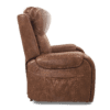Side view of the Golden Technologies®️ Titan with Twilight PR 449, a brown leather recliner chair featuring a padded backrest, armrests, visible seams, and a small side pocket. It is displayed against a plain white background.