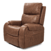 The Golden Technologies®️ Titan with Twilight PR 449 is a brown leather recliner featuring plush cushioning, visible stitching, a high backrest, padded armrests, and a side pocket. Its shown against a plain white background.