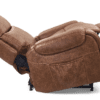 Side view of the Golden Technologies®️ Titan with Twilight PR 449 recliner in full recline, showcasing its brown leather upholstery, padded armrests, footrest, and side pocket.
