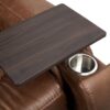 Close-up of the Golden Technologies®️ Titan with Twilight PR 449, a brown leather recliner featuring an attached dark wooden tray table and a stainless steel cup holder on the armrest.