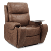 The Golden Technologies®️ Titan with Twilight PR 449 is a brown leather recliner featuring a built-in cup holder, side storage pocket, and foldable tray on one armrest. It offers added comfort with a cushioned backrest and seat.
