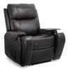 The Golden Technologies®️ Titan with Twilight PR 449 is a dark brown leather recliner featuring contrasting stitching, a side pocket, and a swivel tray on the right armrest.