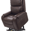 The Golden Technologies®️ Titan with Twilight PR 449 is a dark brown leather recliner featuring padded armrests, visible stitching, an electronic lift mechanism, and a side storage pocket. Its showcased against a white background.