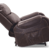 The Golden Technologies®️ Titan with Twilight PR 449 is a brown leather recliner chair, fully reclined to show its side profile with a cushioned backrest, armrests, and extended footrest. It features a small side pocket for storage.