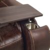 The Golden Technologies®️ Titan with Twilight PR 449 showcases a close-up of its brown leather recliner armrest, highlighting a wooden tray table, built-in stainless steel cup holder, and detailed edge stitching.