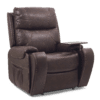 The Golden Technologies®️ Titan with Twilight PR 449 is a brown leather recliner featuring cushioned back and armrests, a built-in tray on the right side, and a side storage pocket. Its sleek design offers both comfort and functionality.