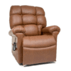 The Golden Technologies®️ Cloud PR 510 is a brown leather recliner featuring plush cushioning, an ergonomic design, and a side remote control for ultimate relaxation.