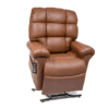 The Golden Technologies®️ Cloud PR 510 is a brown leather recliner chair with plush cushioning, an armrest remote control, and a metal base supporting its lifted position. Its design includes deep seat and back padding for added comfort.