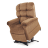 The Golden Technologies®️ Cloud PR 510 is a brown reclining lift chair featuring a plush, tufted backrest and wide armrests, shown partially elevated on a white background highlighting its mechanism and ergonomic design.